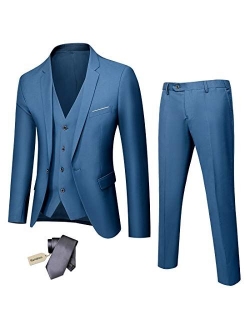 YND Men's Slim Fit 3 Piece Suit, One Button Solid Jacket Vest Pants Set with Tie