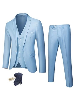 YND Men's Slim Fit 3 Piece Suit, One Button Solid Jacket Vest Pants Set with Tie