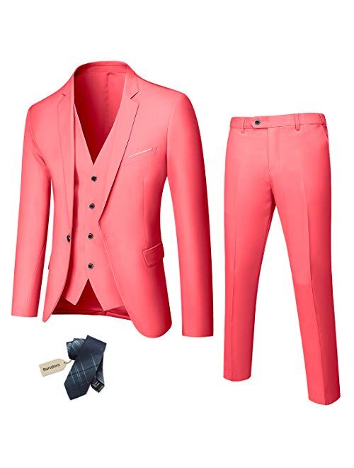 YND Men's Slim Fit 3 Piece Suit, One Button Solid Jacket Vest Pants Set with Tie