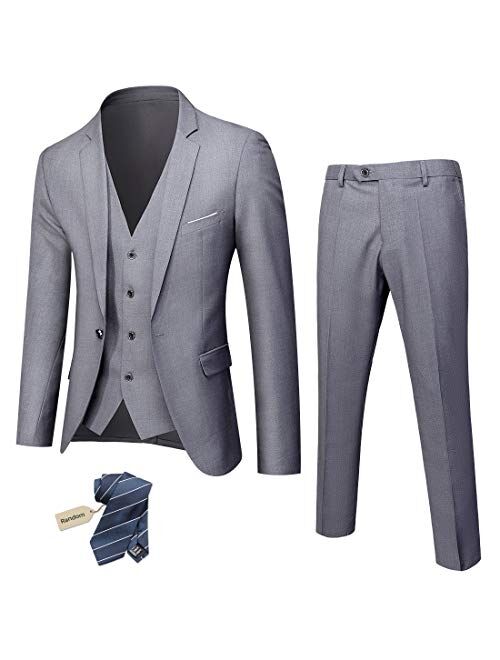 YND Men's Slim Fit 3 Piece Suit, One Button Solid Jacket Vest Pants Set with Tie