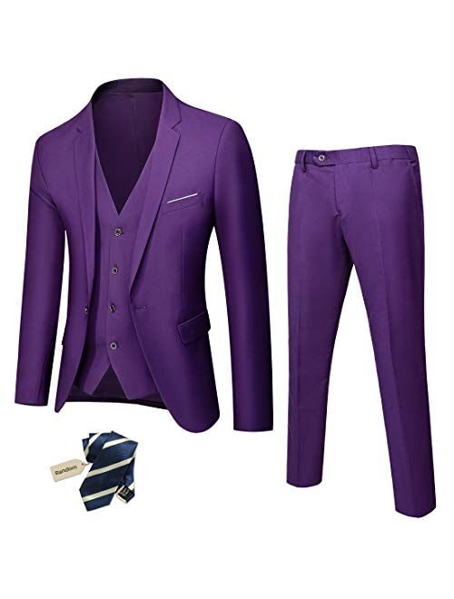 YND Men's Slim Fit 3 Piece Suit, One Button Solid Jacket Vest Pants Set with Tie