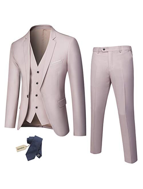 YND Men's Slim Fit 3 Piece Suit, One Button Solid Jacket Vest Pants Set with Tie