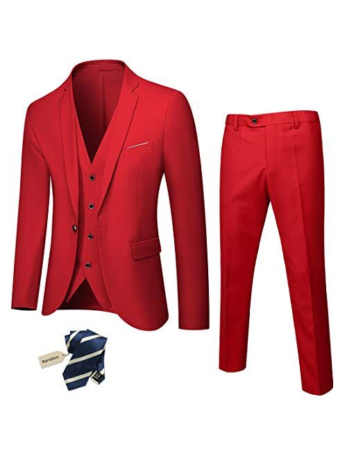 YND Men's Slim Fit 3 Piece Suit, One Button Solid Jacket Vest Pants Set with Tie