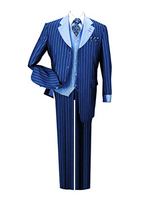 Milano Moda Pinestripe Fashion Suit with Contrast Collar, Cuffs & Vest, 4 Colors