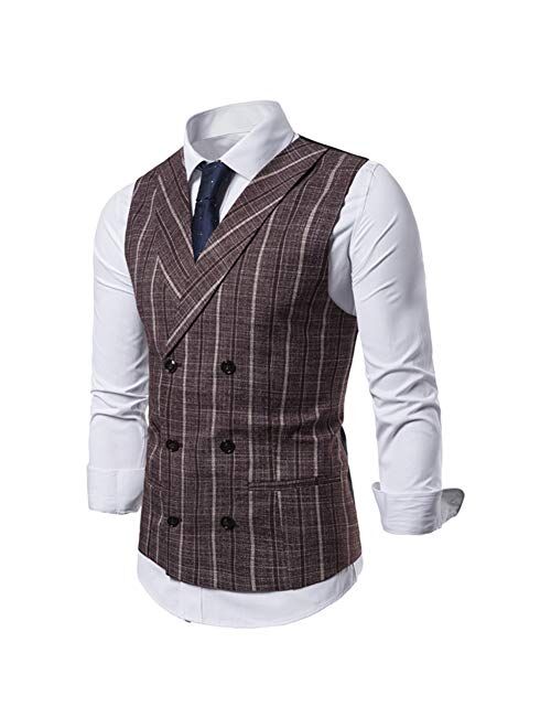 Iynnijoy Men's Striped Tweed Suit Vest Double-Breasted Casual Waistcoat Shawl Lapel Business Suit Vest