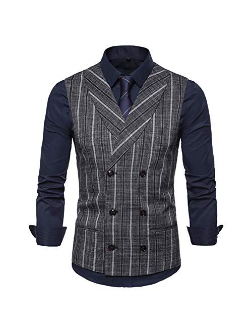 Iynnijoy Men's Striped Tweed Suit Vest Double-Breasted Casual Waistcoat Shawl Lapel Business Suit Vest