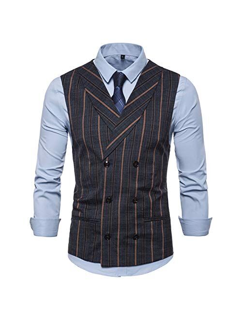 Iynnijoy Men's Striped Tweed Suit Vest Double-Breasted Casual Waistcoat Shawl Lapel Business Suit Vest