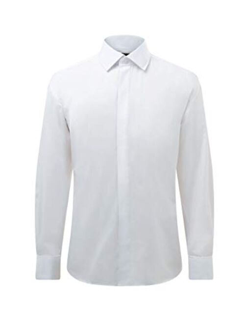 Dobell Mens White Tuxedo Shirt Regular Fit Laydown Collar Double Cuff Plain Fly Front