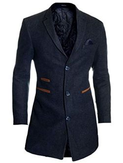 D&R Fashion Men's Winter Overcoat 3/4 Long Jacket Birdseye Tweed Cashmere Soft Rich Fabric