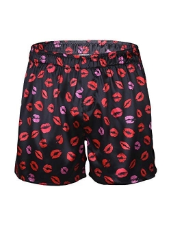 inlzdz Men's Silk Satin Lip Love Heart Print Boxer Shorts Summer Loose Lounge Sports Shorts Pants