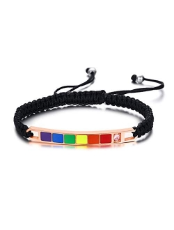 Nanafast Titanium Stainless Steel Magnet Rainbow LGBT Pride Handmade Braided Bracelet PU Leather Weave Plaited Jewelry