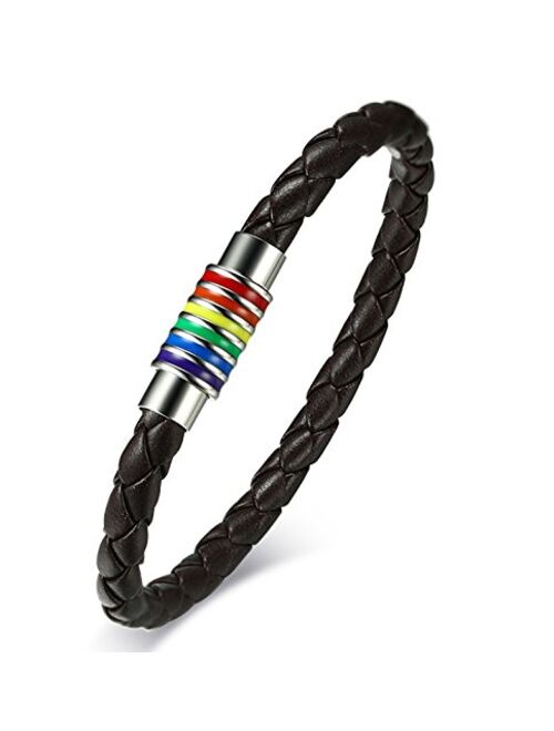 Nanafast Titanium Stainless Steel Magnet Rainbow LGBT Pride Handmade Braided Bracelet PU Leather Weave Plaited Jewelry