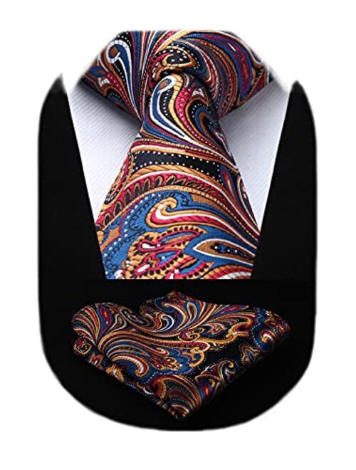 HISDERN Extra Long Floral Paislry Tie Handkerchief Men's Necktie & Pocket Square Set