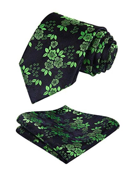 HISDERN Extra Long Floral Paislry Tie Handkerchief Men's Necktie & Pocket Square Set