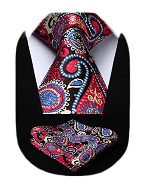 HISDERN Extra Long Floral Paislry Tie Handkerchief Men's Necktie & Pocket Square Set