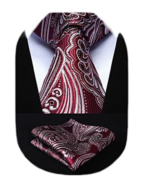 HISDERN Extra Long Floral Paislry Tie Handkerchief Men's Necktie & Pocket Square Set