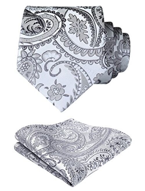 HISDERN Extra Long Floral Paislry Tie Handkerchief Men's Necktie & Pocket Square Set