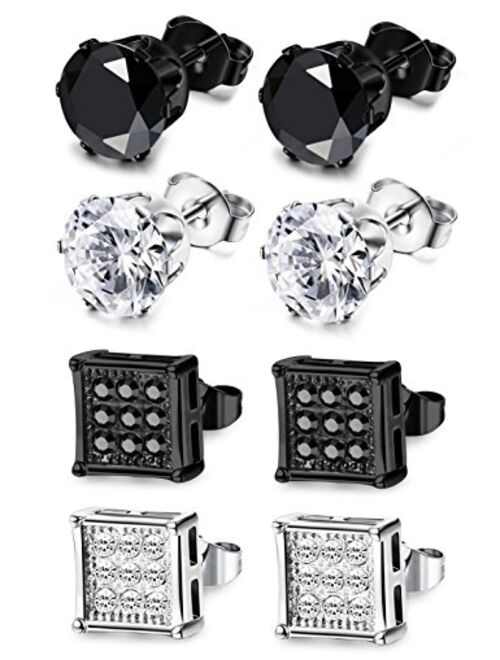 JOERICA 4 Pairs Stainless Steel Stud Earrings for Men Women Earrings CZ Inlaid,6-8mm