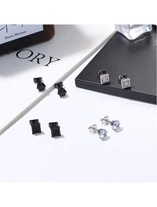 JOERICA 4 Pairs Stainless Steel Stud Earrings for Men Women Earrings CZ Inlaid,6-8mm