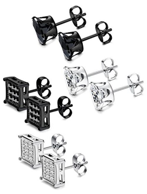 JOERICA 4 Pairs Stainless Steel Stud Earrings for Men Women Earrings CZ Inlaid,6-8mm