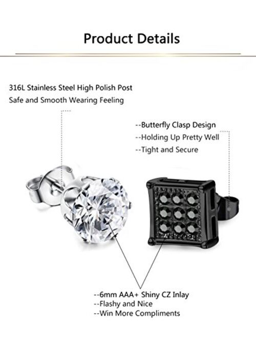 JOERICA 4 Pairs Stainless Steel Stud Earrings for Men Women Earrings CZ Inlaid,6-8mm