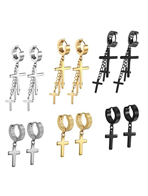 Cupimatch 3-6 Pairs Stainless Steel Cross Dangle Huggie Hinged Hoop Earrings for Men Women