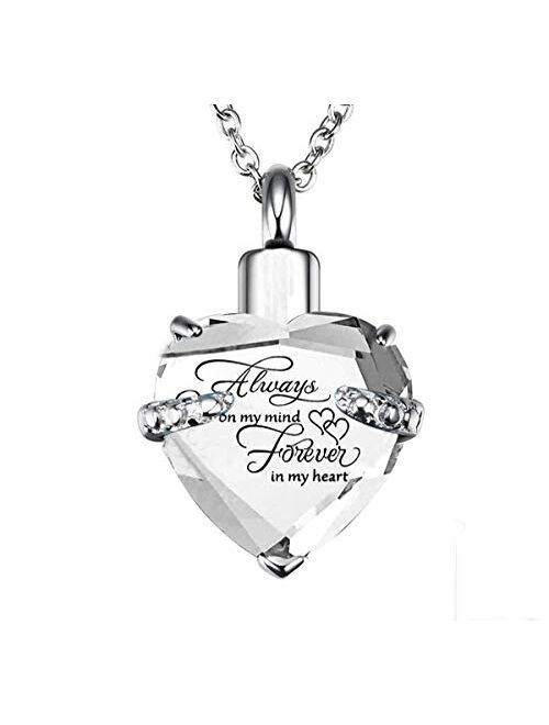 PREKIAR Heart Cremation Urn Necklace for Ashes Urn Jewelry Memorial Pendant with Fill Kit and Gift Box - Always on My Mind Forever in My Heart