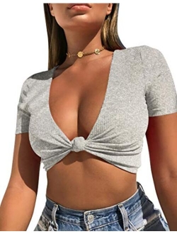 Mizoci Women's Sexy Knot Front Crop Top Deep V Neck Short Sleeve Basic Casual T Shirt