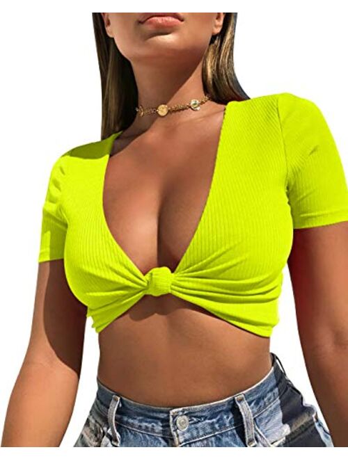 Mizoci Women's Sexy Knot Front Crop Top Deep V Neck Short Sleeve Basic Casual T Shirt