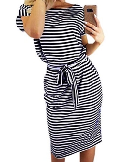 Roselux Women's Elegant Short Sleeve Wear to Work Casual Pencil Dress with Belt