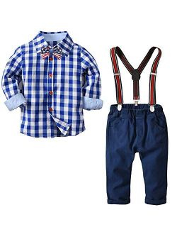 Boys Clothes Set Plaid Shirts+Bowtie+Suspender Pant Sets 4 pcs Infant Gentleman Summer Outfit Set