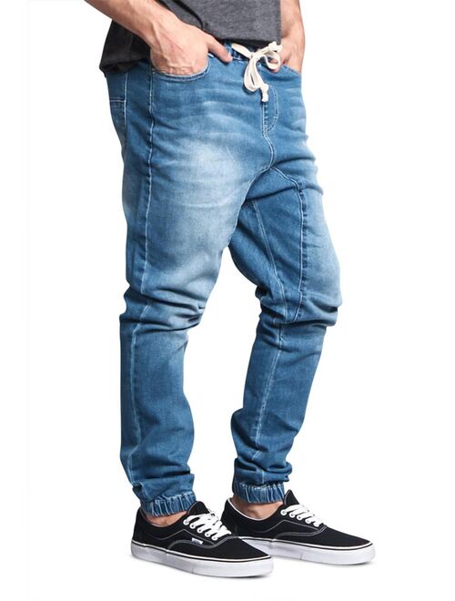 Victorious Mens Drop Crotch Jogger Denim Pants JG803 - LIGHT INDIGO - Large