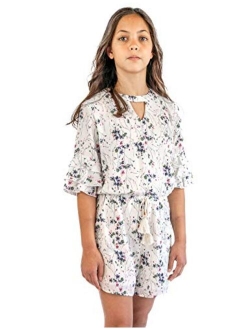 Smukke, Big Girls Tween Floral Printed Tier Ruffle Sleeves Romper (Many Options) with Pockets, 7-16