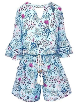 Smukke, Big Girls Tween Floral Printed Tier Ruffle Sleeves Romper (Many Options) with Pockets, 7-16