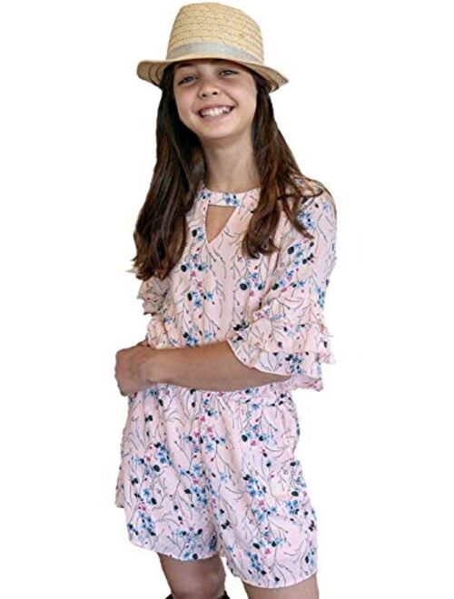 Smukke, Big Girls Tween Floral Printed Tier Ruffle Sleeves Romper (Many Options) with Pockets, 7-16