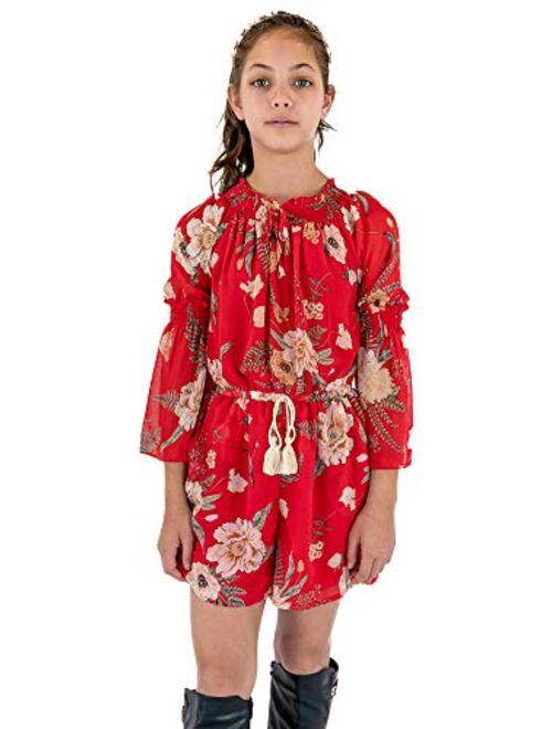 Smukke, Big Girls Elegant Floral Printed Off The Shoulder Long Sleeves Dress and Rompers, 7-16