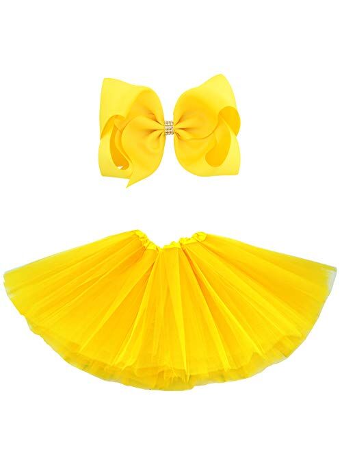 BGFKS 5 Layered Tulle Tutu Skirt for Girls with Hairbow and Hairties, Ballet Dressing Up Kid Tutu Skirt