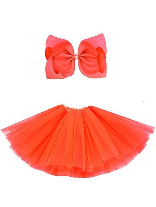 BGFKS 5 Layered Tulle Tutu Skirt for Girls with Hairbow and Hairties, Ballet Dressing Up Kid Tutu Skirt