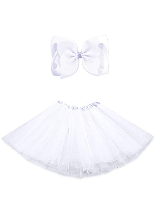 BGFKS 5 Layered Tulle Tutu Skirt for Girls with Hairbow and Hairties, Ballet Dressing Up Kid Tutu Skirt