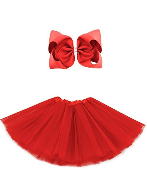 BGFKS 5 Layered Tulle Tutu Skirt for Girls with Hairbow and Hairties, Ballet Dressing Up Kid Tutu Skirt