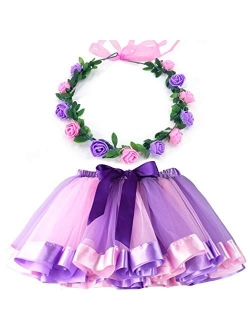 MY-PRETTYGS Layered Tulle Ballet Rainbow Tutu Skirt with Flower Crown Wreath Headband