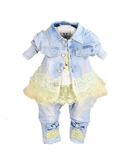 Yao Baby Girls Denim Clothing Sets 3 Pieces Sets T Shirt Denim Jacket and Jeans