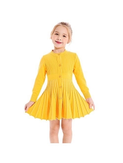 SMILING PINKER Little Girls Pleated Dress School Uniform Long Sleeve Button Front Knit Sweater Dress