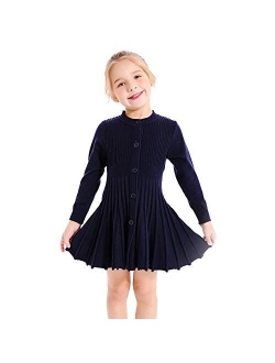 SMILING PINKER Little Girls Pleated Dress School Uniform Long Sleeve Button Front Knit Sweater Dress