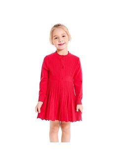 SMILING PINKER Little Girls Pleated Dress School Uniform Long Sleeve Button Front Knit Sweater Dress