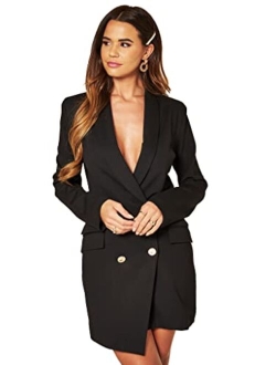 UNIQUE21 Women Luxe Stain Breasted Asymmetric Blazer Dress - Ladies Elegant Casual Work Office Events Blazer Dresses