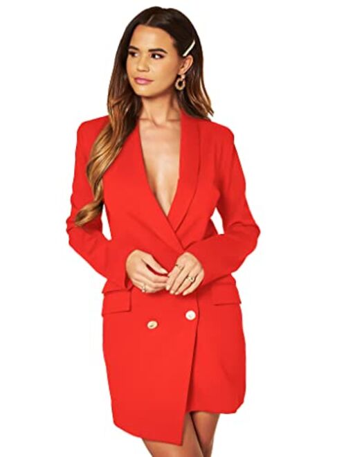 UNIQUE21 Women Luxe Stain Breasted Asymmetric Blazer Dress - Ladies Elegant Casual Work Office Events Blazer Dresses