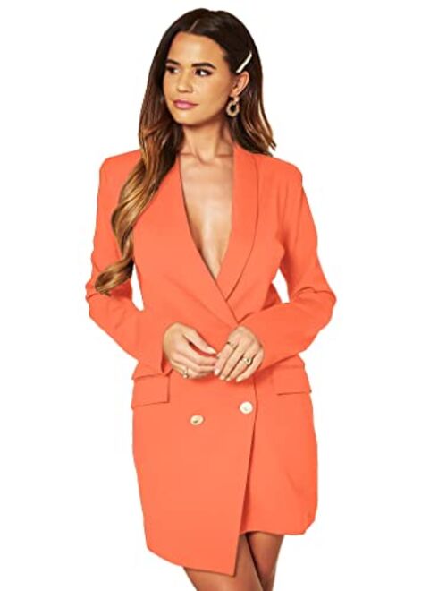 UNIQUE21 Women Luxe Stain Breasted Asymmetric Blazer Dress - Ladies Elegant Casual Work Office Events Blazer Dresses