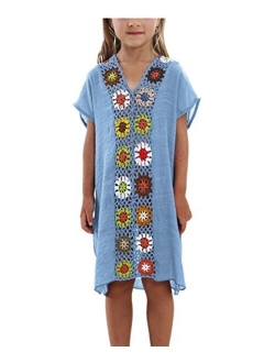 KIDVOVOU Kids Girls Swimsuit Beach Cover-up Crochet V-Neck Swim Dress