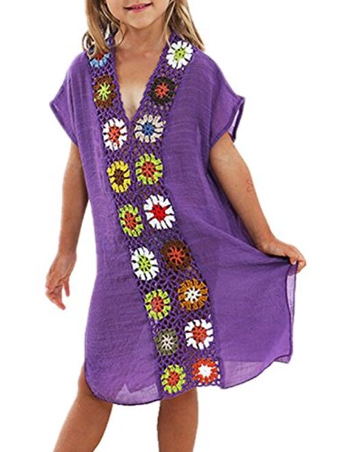 KIDVOVOU Kids Girls Swimsuit Beach Cover-up Crochet V-Neck Swim Dress